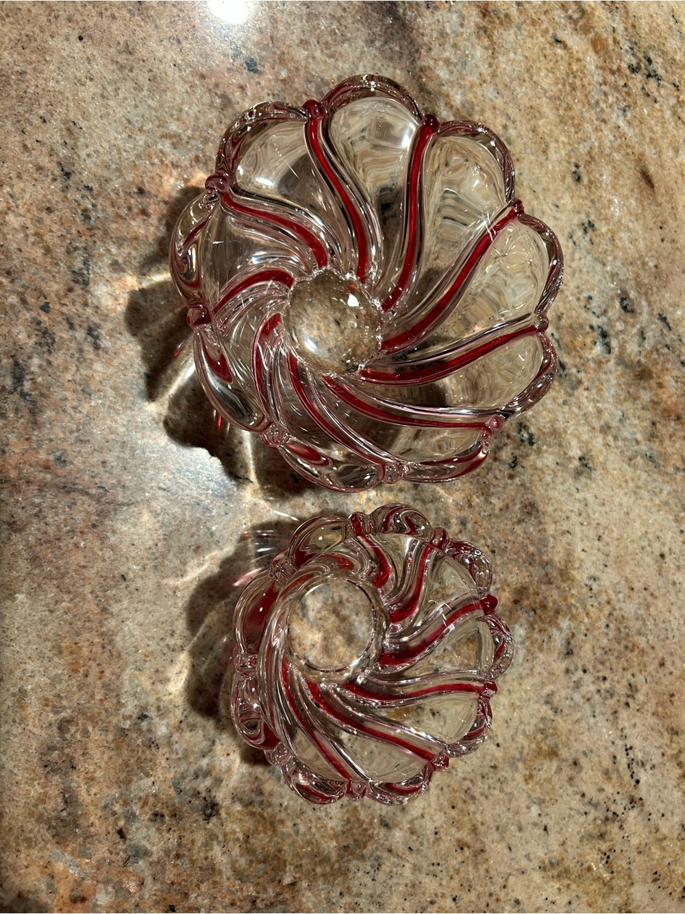 Mikasa Peppermint Swirl Red Candy Dish Set. 5.75”x3.50” deep and 4.25”x2.5” deep